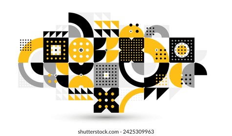 Abstract geometric vector modular background, retro 70s modernism style pattern, modular tiles with dots, spotty pattern with circles squares and triangles.