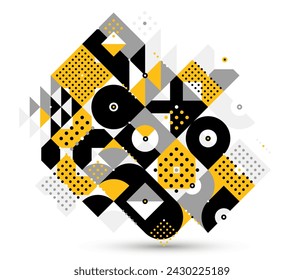 Abstract geometric vector modular background, retro 70s modernism style pattern, modular tiles with dots, spotty pattern with circles squares and triangles.