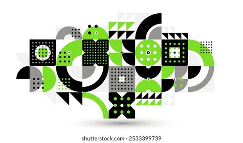 Abstract geometric vector modular background, retro 70s modernism style pattern, modular tiles with dots, spotty pattern with circles squares and triangles.