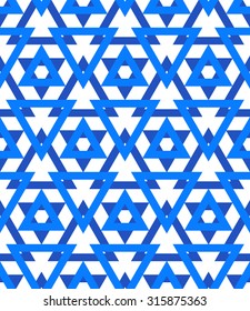 Abstract geometric vector pattern in blue color. Elegant background with David stars and triangles. Bold print for Jewish wedding invitation or wrapping gift paper. Seamless texture for Hanukkah card