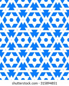 Abstract geometric vector pattern in blue color. Elegant background with David stars and triangles. Bold print for Jewish wedding invitation or wrapping gift paper. Seamless texture for Hanukkah card