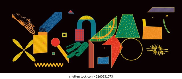 Abstract geometric vector pattern design with simple shapes and bright and vivid colors. Geometrical composition, useful for web design, business card, invitation, poster, textile print, background.