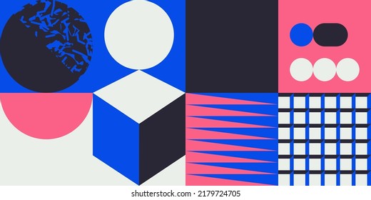 Abstract geometric vector pattern design with simple shapes and bright and vivid colors. Geometrical composition, useful for web design, business card, invitation, poster, textile print, background.