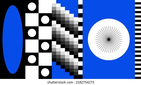 Abstract geometric vector pattern design with simple shapes and bright and vivid colors. Geometrical composition, useful for web design, business card, invitation, poster, textile print, background.