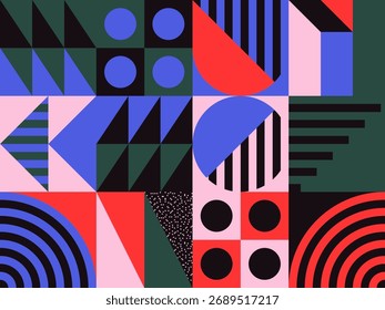 Abstract geometric vector pattern design with simple shapes and bright and vivid colors. Geometrical composition, useful for web design, business card, invitation, poster, textile print, background.