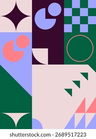 Abstract geometric vector pattern design with simple shapes and bright and vivid colors. Geometrical composition, useful for web design, business card, invitation, poster, textile print, background.