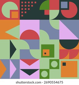 Abstract geometric vector pattern design with simple shapes and bright and vivid colors. Geometrical composition, useful for web design, business card, invitation, poster, textile print, background.