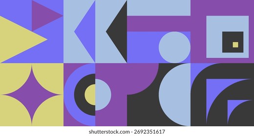 Abstract geometric vector pattern design with simple shapes and bright and vivid colors. Geometrical composition, useful for web design, business card, invitation, poster, textile print, background.