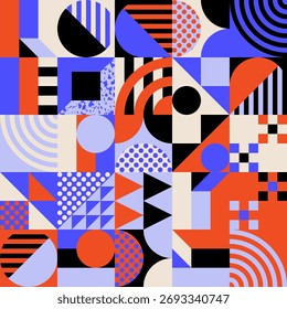 Abstract geometric vector pattern design with simple shapes and bright and vivid colors. Geometrical composition, useful for web design, business card, invitation, poster, textile print, background.