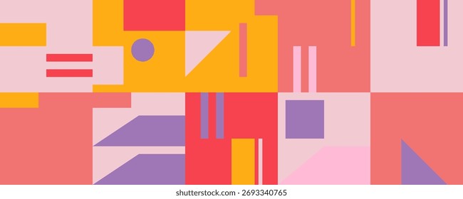 Abstrato design de padrão vetorial geométrico com formas simples e cores brilhantes e vívidas. Composição geométrica, útil para web design, cartão de visita, convite, cartaz, impressão têxtil, fundo.