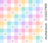 Abstract geometric vector pattern with floral print in colorful pastel rainbow purple, pink, orange, green, blue, yellow, white. Seamless spring summer gingham vichy check plaid for Easter gift paper.