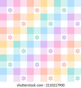 Abstract geometric vector pattern with floral print in colorful pastel rainbow purple, pink, orange, green, blue, yellow, white. Seamless spring summer gingham vichy check plaid for Easter gift paper.