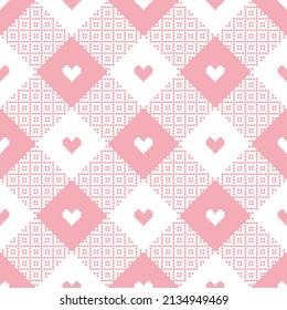 Abstract geometric vector pattern with hearts in soft pink and white. Seamless gingham tartan check plaid for Valentines Day tablecloth, oilcloth, picnic blanket, other modern holiday paper print.