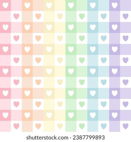 Abstract geometric vector pattern with hearts in rainbow pastel colors, pink, orange, yellow, green, blue, purple. Seamless summer grid pattern for gift paper, mat, fabric, textile.