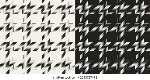 Abstract geometric vector pattern with houndstooth tweed check plaid in black and off white. Seamless dog tooth vector set for dress, scarf, jacket, other modern spring autumn winter textile print.
