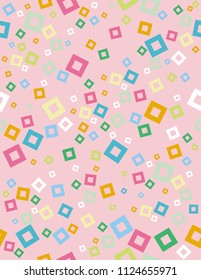 Abstract Geometric Vector Pattern. Light Pink Background. White and Blue Squares Confetti. Irregular Seamless Design.