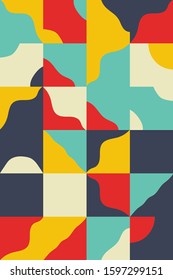 Abstract geometric vector pattern made with simple shapes and bright and vivid colors. Geometrical composition, useful for web design, business card, invitation, poster, textile print, background.