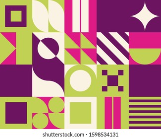 Abstract geometric vector pattern made with simple shapes and bright and vivid colors. Geometrical composition, useful for web design, business card, invitation, poster, textile print, background.