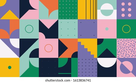 Abstract geometric vector pattern made with simple shapes and bright and vivid colors. Geometrical composition, useful for web design, business card, invitation, poster, textile print, background.