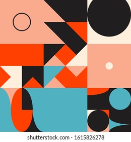 Abstract geometric vector pattern made with simple shapes and bright and vivid colors. Geometrical composition, useful for web design, business card, invitation, poster, textile print, background.