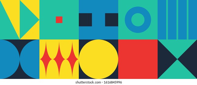 Abstract geometric vector pattern made with simple shapes and bright and vivid colors. Geometrical composition, useful for web design, business card, invitation, poster, textile print, background.