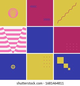Abstract geometric vector pattern made with simple shapes and bright and vivid colors. Geometrical composition, useful for web design, business card, invitation, poster, textile print, background.