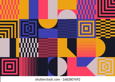 Abstract geometric vector pattern made with simple shapes and bright and vivid colors. Geometrical composition, useful for web design, business card, invitation, poster, textile print, background.