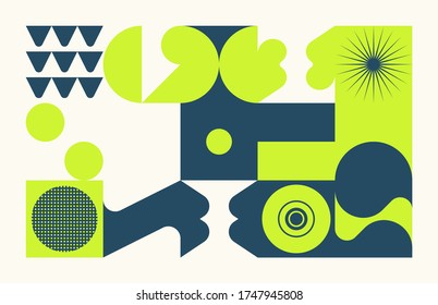 Abstract geometric vector pattern made with simple shapes and bright and vivid colors. Geometrical composition, useful for web design, business card, invitation, poster, textile print, background.