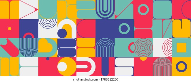 Abstraktes geometrisches Vektormuster mit einfachen Formen und hellen und lebhaften Farben. Geometrische Komposition, nützlich für Webdesign, Visitenkarte, Einladung, Poster, Stoffdruck, Hintergrund.
