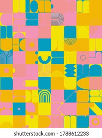 Abstract geometric vector pattern made with simple shapes and bright and vivid colors. Geometrical composition, useful for web design, business card, invitation, poster, textile print, background.