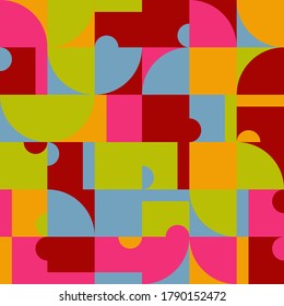 Abstract geometric vector pattern made with simple shapes and bright and vivid colors. Geometrical composition, useful for web design, business card, invitation, poster, textile print, background.