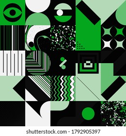 Abstract geometric vector pattern made with simple shapes and bright and vivid colors. Geometrical composition, useful for web design, business card, invitation, poster, textile print, background.