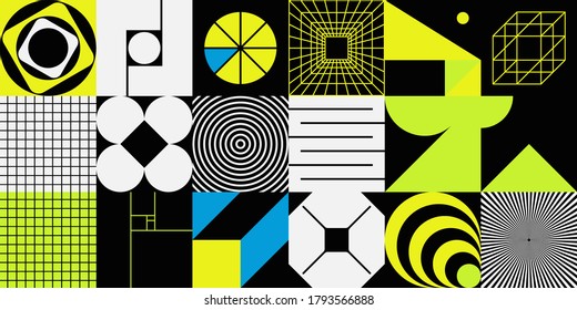 Abstract geometric vector pattern made with simple shapes and bright and vivid colors. Geometrical composition, useful for web design, business card, invitation, poster, textile print, background.