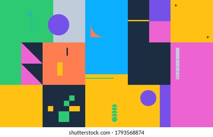 Abstract geometric vector pattern made with simple shapes and bright and vivid colors. Geometrical composition, useful for web design, business card, invitation, poster, textile print, background.