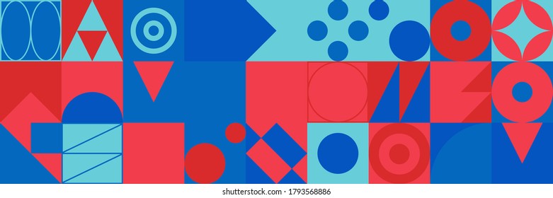 Abstract geometric vector pattern made with simple shapes and bright and vivid colors. Geometrical composition, useful for web design, business card, invitation, poster, textile print, background.