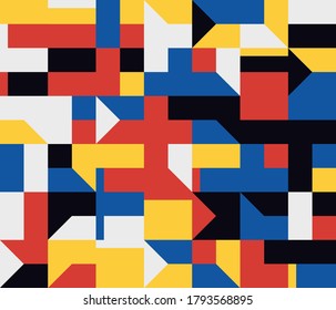 Abstract geometric vector pattern made with simple shapes and bright and vivid colors. Geometrical composition, useful for web design, business card, invitation, poster, textile print, background.