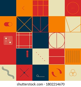 Abstract geometric vector pattern made with simple shapes and bright and vivid colors. Geometrical composition, useful for web design, business card, invitation, poster, textile print, background.