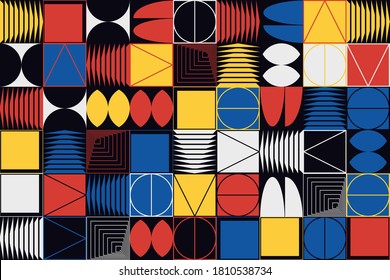 Abstract geometric vector pattern made with simple shapes and bright and vivid colors. Geometrical composition, useful for web design, business card, invitation, poster, textile print, background.