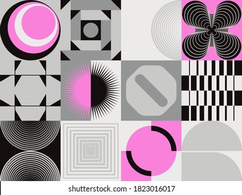 Abstract geometric vector pattern made with simple shapes and bright and vivid colors. Geometrical composition, useful for web design, business card, invitation, poster, textile print, background.