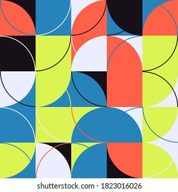 Abstract geometric vector pattern made with simple shapes and bright and vivid colors. Geometrical composition, useful for web design, business card, invitation, poster, textile print, background.
