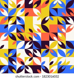 Abstract geometric vector pattern made with simple shapes and bright and vivid colors. Geometrical composition, useful for web design, business card, invitation, poster, textile print, background.