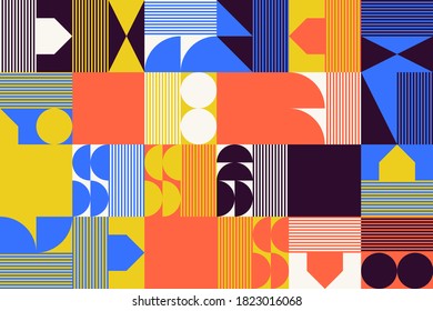 Abstract geometric vector pattern made with simple shapes and bright and vivid colors. Geometrical composition, useful for web design, business card, invitation, poster, textile print, background.