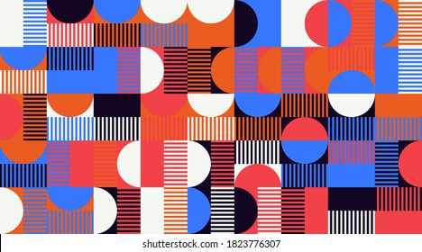 Abstract geometric vector pattern made with simple shapes and bright and vivid colors. Geometrical composition, useful for web design, business card, invitation, poster, textile print, background.