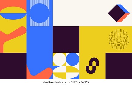 Abstract geometric vector pattern made with simple shapes and bright and vivid colors. Geometrical composition, useful for web design, business card, invitation, poster, textile print, background.