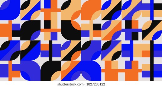 Abstract geometric vector pattern made with simple shapes and bright and vivid colors. Geometrical composition, useful for web design, business card, invitation, poster, textile print, background.