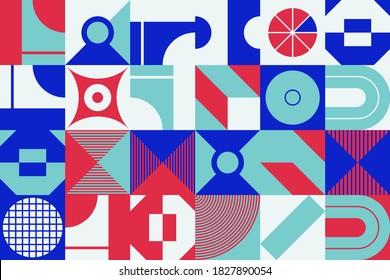 Abstract geometric vector pattern made with simple shapes and bright and vivid colors. Geometrical composition, useful for web design, business card, invitation, poster, textile print, background.