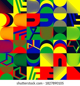 Abstract geometric vector pattern made with simple shapes and bright and vivid colors. Geometrical composition, useful for web design, business card, invitation, poster, textile print, background.