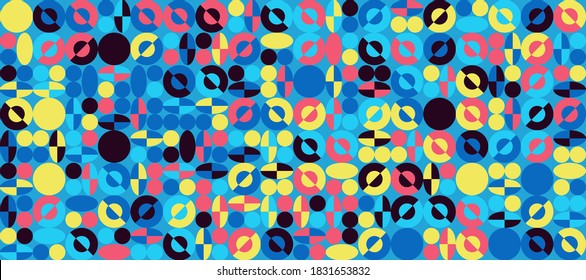 Abstract geometric vector pattern made with simple shapes and bright and vivid colors. Geometrical composition, useful for web design, business card, invitation, poster, textile print, background.