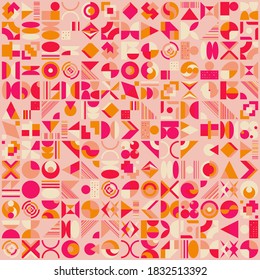 Abstract geometric vector pattern made with simple shapes and bright and vivid colors. Geometrical composition, useful for web design, business card, invitation, poster, textile print, background.