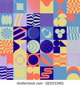 Abstract geometric vector pattern made with simple shapes and bright and vivid colors. Geometrical composition, useful for web design, business card, invitation, poster, textile print, background.